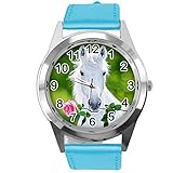 Enfants, adolescents, adultes TAPORT® Montre ronde en cuir bleu pour les fans de chevaux E3, bleu, Sangle