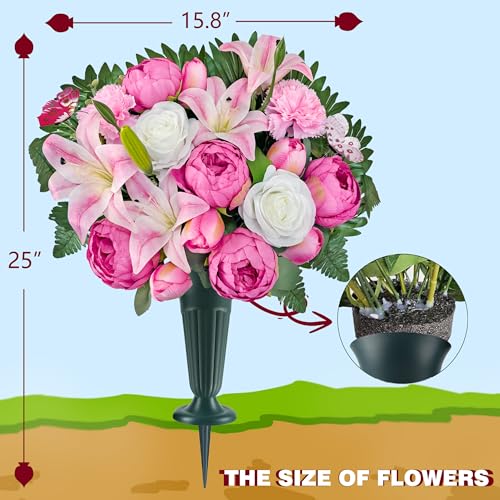 Image of Artificial Cemetery Flowers for Grave Decorations: Gravesite Flowers of Pink Peony Rose Daisy Lily Bouquet with Vase - Ideal for Sympathy & Memorial Tributes