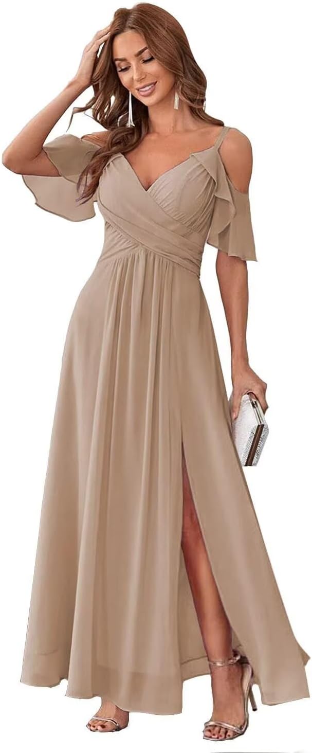 Vestido de dama de honor uzn de chif n con hombros descubiertos para mujer  largo con abertura vestido de fiesta formal para j venes