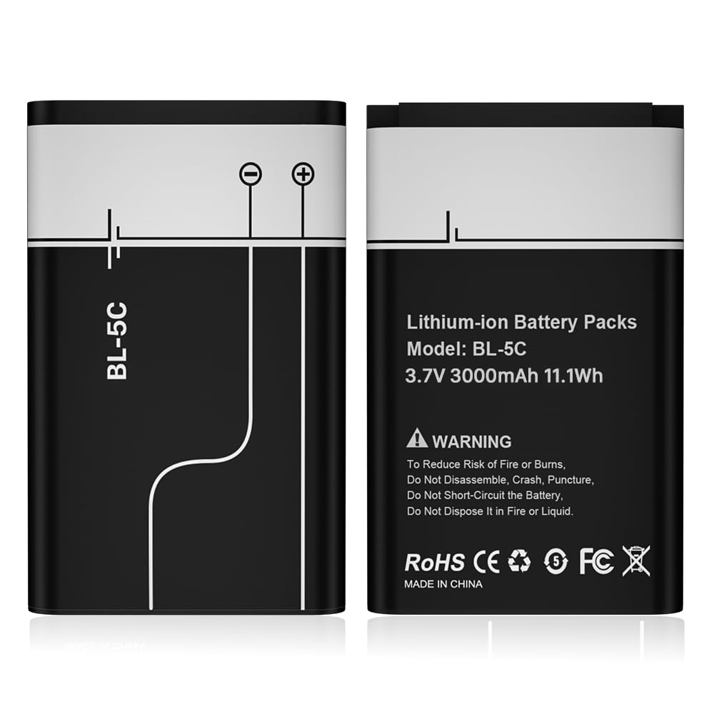 BL-5C Akku, 2 Stück 3000mAh 3,7V Ersatzakku mit Hoher Kapazität für Nokia 6230 6330 6263 6267 6270 6555 6600 6030 6670 6680 6681 6682 6820 1100 1101 1110 1110i 1112 1600 2300 2310 2600 2610 2626 3100