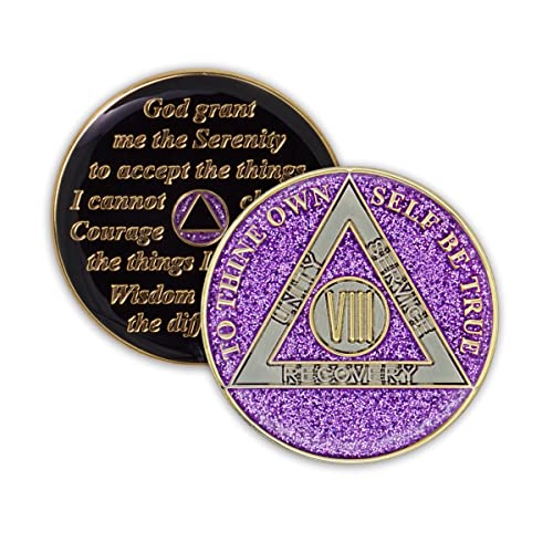 Image of 8 Year Sobriety Coin | Glitter Triplate AA Chip | Recovery Anniversary Token (Purple)