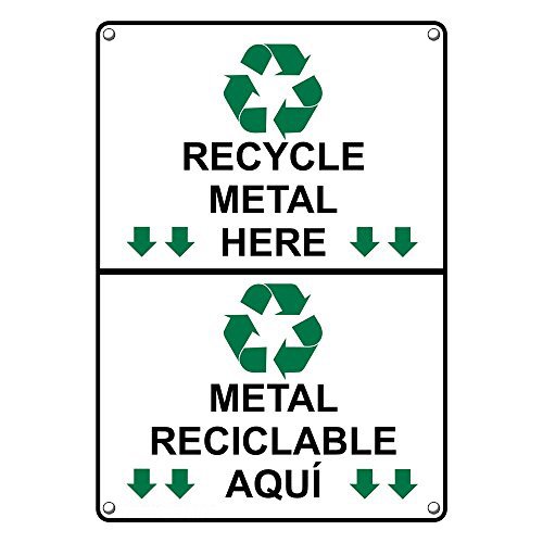Weatherproof Plastic Vertical Recycle Metal Here Metal Reciclable AQU?Sign with English & Spanish Text and Symbol