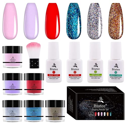 Dip Nail Powder kit starter set 6 Colors Glitter Dipping Powders Acrylic Powder With Base Activator and Top Coat for French Nail Art Manicure set