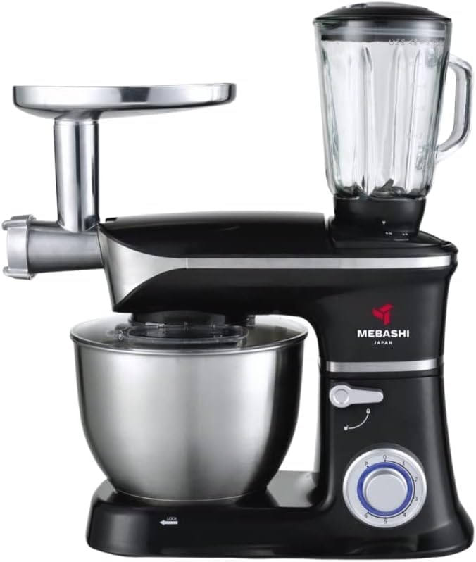 Mebashi 3-in-1 Stand Bowl Mixer Kitchen Machine, 1300W With 6.5L Stainless Steel Bowl K-Beater, Whisk, Dough Hook, Blender & Meat Grinder (Black/White)