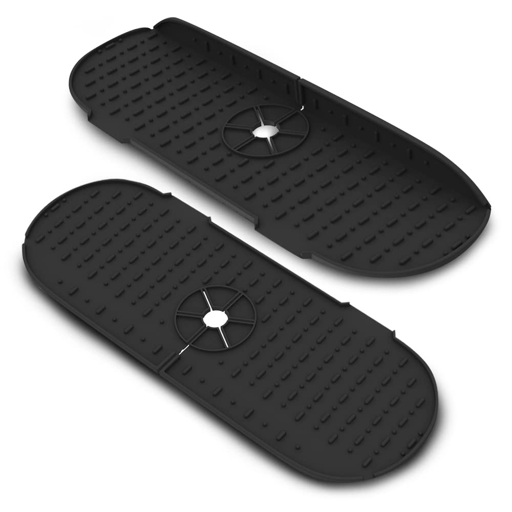 Kitchen faucet sink splash guards 2 pieces, sink guards for kitchen sinks, silicone faucet water catchers, and non-slip drainer pads drying mats for kitchens all come in silicone. (Black color)