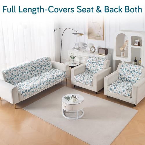 Image of HOKIPO Cerulean Bloom Quilted Sofa Cover 5 Seater with Tassels Set - Sofa Cover for Seat & Back | 'Tassel Twigs' Series (IN-991-T6 + IN-989-T6)
