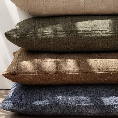 Image of Foindtower Set of 1 Decorative Linen Check Throw Pillow Cover Neutral Farmhouse Vintage Cushion Cover Modern Boho Home Decor for Sofa Chair Couch Bedroom Living Room,24x24 Inch,Brick
