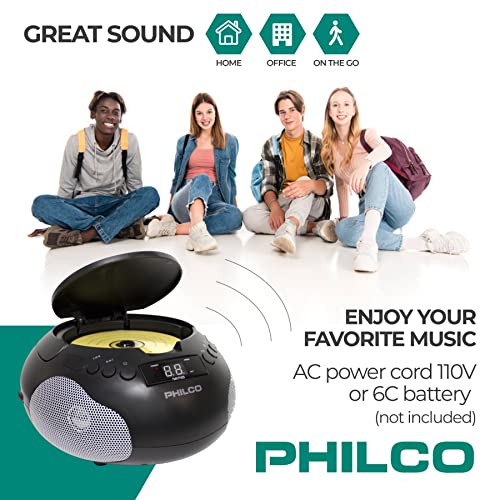Philco Portable CD Player Boombox with Speakers and AM FM Radio | Black Boom Box Compatible with CD-R/CD-RW and Audio CD | 3.5mm Aux Input | Stereo Sound | LED Display | AC/Battery Powered by Philco - Image 5