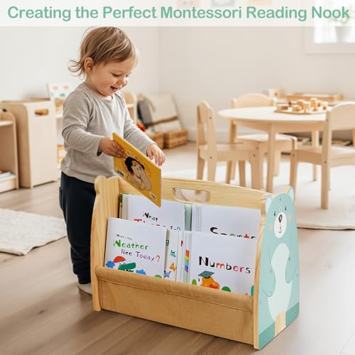 Image of Toddler Bookshelf Double-Sided with 4 Tier Deep Sleeves Kids Wooden Montessori Book Rack for Baby Nursery Room, Playroom, Classroom or Bedroom Bookcase Storage Organizer, Green Bear
