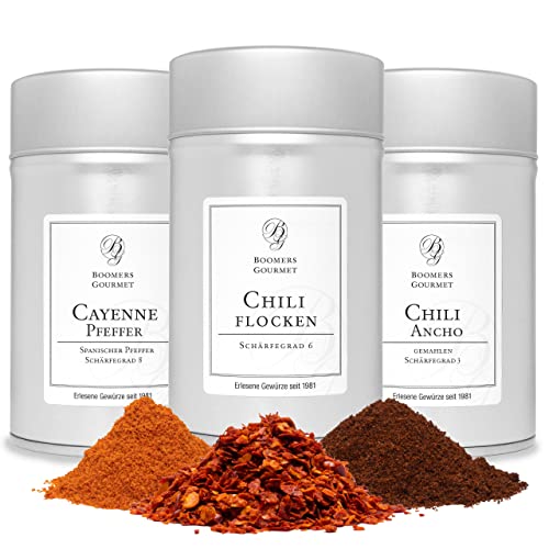 Boomers Gourmet – Premium Chili Set, Chili Gewürz Set, Chiliflocken I Cayenne Pfeffer gemahlen I aromatisches Ancho Chili, perfekt für eine Vielzahl von Gerichten – 3 Dosen – 250g