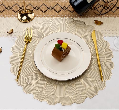 Image of Yellow Weaves 1 Pc PVC Round Table Placemat, Dining Table Mat, Stain Resistant, Anti-Skid, Waterproof, Washable, Dining, Kitchen, Restaurant Table Set Easy to Clean, Durable (Sunburst Golden)
