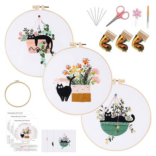 Image of KEKEMEOW 3 Sets Embroidery Kit for Beginners, Stitches with Black Cat and Flowers, Embroidery Stitch Practice kit for Adults Craft Lover, Needlepoint Hand Embroidery Kit with Pattern、Instruction、Hoop