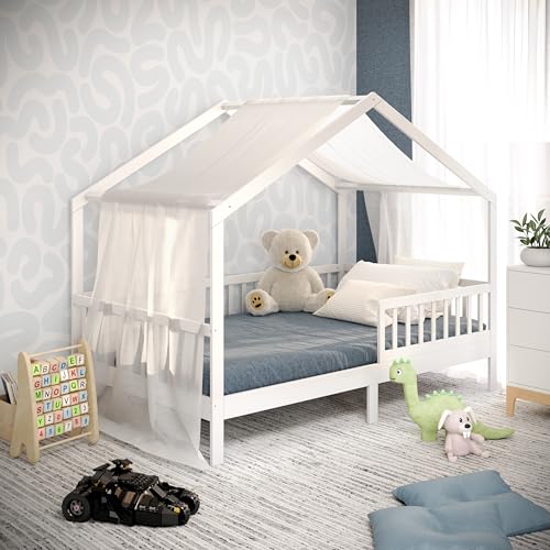 CADANI Davi Lit de maison, 120 x 200 cm, blanc, protection anti-chute, Montessori amovible, lit d'enfant, convertible, avec sommier à lattes enroulables,...
