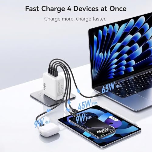 Image of MX 140W GaN USB-C Fast Charger, 4-Port PD 3.1 Charging Station with UK /EU /AU Plug Adapters, Compatible with MacBook Pro, iPad, iPhone 15 /14 /13, Samsung S24 Ultra & Other Laptops