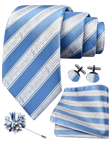Image of GUSLESON 3.15 inch（8cm） Mens Stripe Tie and Lapel Pin Necktie Hankerchief Cufflinks Set for Men
