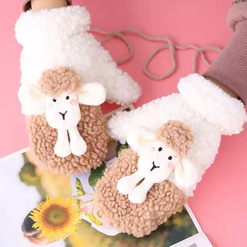 Women’s Winter Plush Mittens, Cute 3D Animal Fleece Gloves with Thick Thermal Lining and Braided Rope for Cold Weather