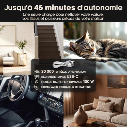 Aspirateur à Main sans Fil pour Poils d’Animaux – 45 min, Maison & Voiture – vue 5