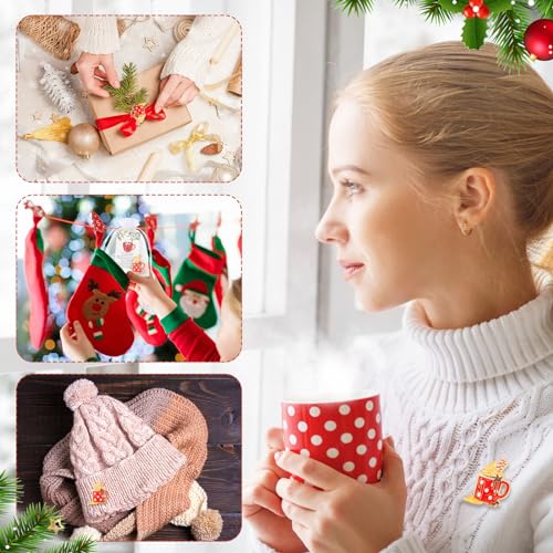 Image of 50 Sets Christmas Gift Hot Cocoa Cup Lapel Pin with Marshmallows Ornament Jewelry Charm Pins for Women Xmas Hot Cocoa Party Supplies Brooch Favor Merry Christmas Card Organza Bag Thank You Gift