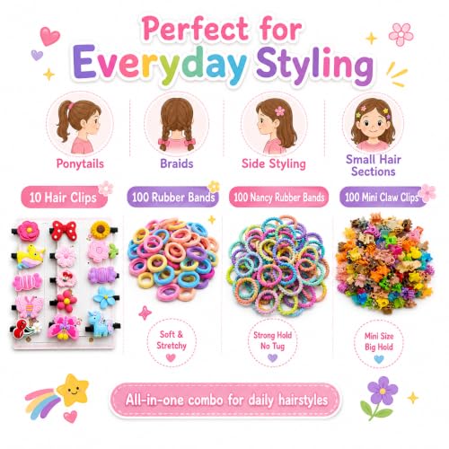 Image of 200 Pcs Hair Accessories for Kids Girls | Cute Baby Hair Clips, Rubber Bands, Nancy Bands & Mini Claw Clips Combo | Hair Accessories for Baby Girl | Kids Hair Clips Set | Mixed Designs
