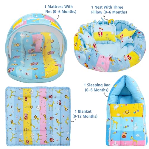 Image of Fareto Combo of Baby Bed with Net | Carry Bag | 4 Pcs Bedding Set (0-6 Months, Baby Size, Cotton) (Giffi Blue)
