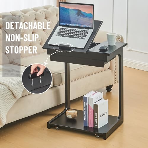 Image of Uniclinens C Shaped End Table for Couch, Rolling Side Table with Wheels Adjustable, Solid Wood TV Sofa Arm Eating Tray Table for Multi-Purpose, Small Coffee Table Living Room Bedroom, Black