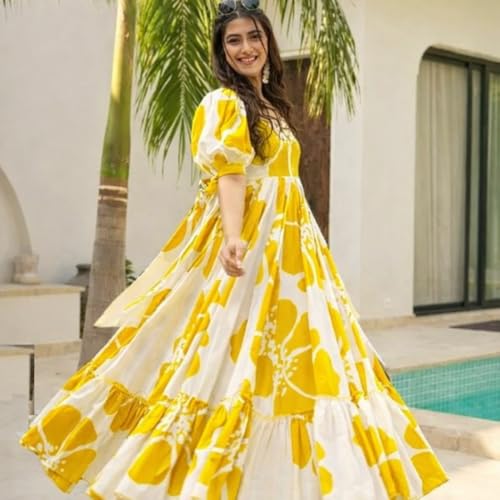 Image of Women Floral Printed Tiered Maxi Dress with Puff Sleeves, Empire Waist, Tie-Up Detail, Flared Long Dress for Casual Wear, Summer Outings, Vacation & Resort Wear - Causal Gown for Women