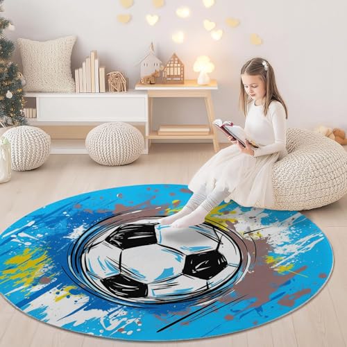 Tapis rond football antidérapant et poils ras bleu et blanc pour déco thématique