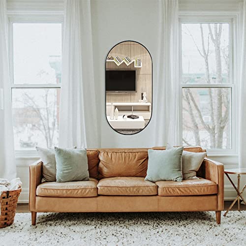 Image of TEHOME Black Oval Bathroom Mirror 20x40'' Pill Shaped Oblong Vanity Mirror Metal Framed Capsule Mirror for Wall in Stainless Steel Rounded Rectangular Mirrors for Wall Mounted