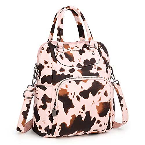 UTO Women Backpack Purse PU Washed Leather Convertible Ladies Rucksack Crossbody Shoulder Bag Pink Cow Print