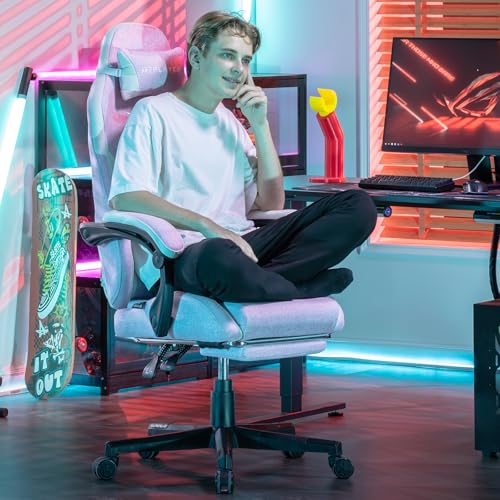Image of GTPLAYER Gaming Chair, Computer Office Chair Lumbar Support, Linkage Armrests and Footrest, Ergonomic Game Chair for Adults with Extended Backrest, Linen Fabric, Pink