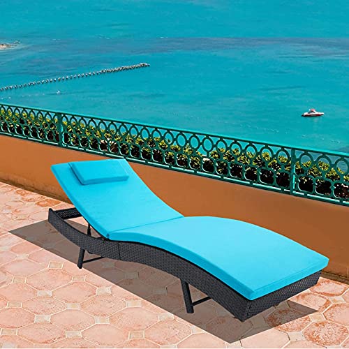 Patiomore Outdoor Lounge Chair, Patio Wicker Adjustable Backrest Chaise Lounge With Thick Blue Cushion For Beach Pool Yard, 1 Pack #TOP3