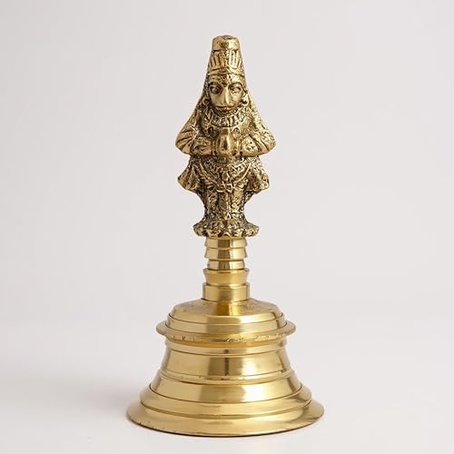 Wonderlist Handicrafts Campana de Pooja de latón con dioses sentados en la parte superior (Hanuman)