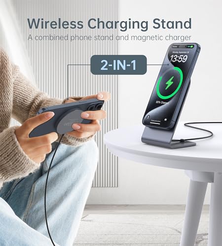 Image of Magnetic Wireless Charger for iPhone 17-12 Series + Aluminum Charger Stand | Mag Charger+20W USB C Adapter, Fast Wireless Charging Stand /Pad with 5ft USB-C Cable for iPhone 17 /16 /15 /14 /13 /12, Airpod Pro