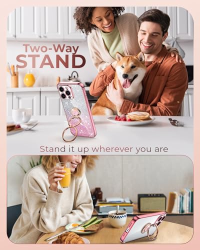 Image of XYZ for iPhone 13 Pro Max Back Cover Case with Stand, Phone Case with Double Ring Kickstand, Women Girls Bling Luxury Glitter Clear Phone Case Cover Heart for iPhone 13 Pro Max, Rose Gold