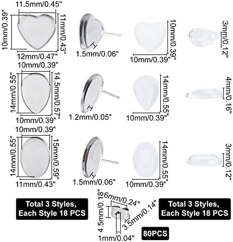 UNICRAFTALE about 54pcs 3 Sizes Stainless Steel Heart/Oval/Teardrop Shape Ear Studs about 11.5/14mm Long Trays with 54pcs Transparent Glass Heart Cabochons and 80pcs Ear Nuts for DIY Ear Stud Making