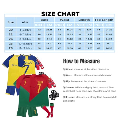 Generisch Fußball Trikot für Kinder Trikot Nr. 7 Fußballtrikots Fussball T-Shirt Shorts Socken und Schienbeinschoner Set Außenbereich für Junge Anzug (H107, 22(6-7 Jahre))