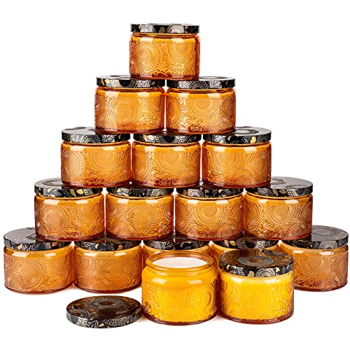 Amber Embossed Glass Candle Container with Lid and Labels, 4 oz - Pack of 18