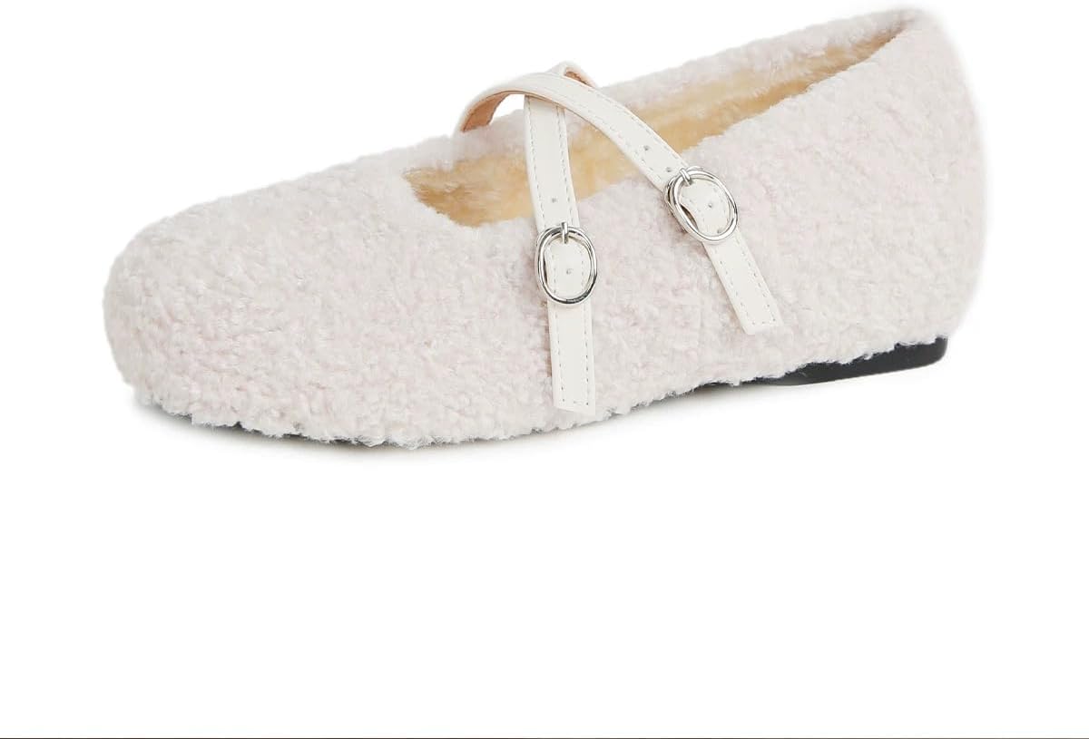 Womens Fur Ballet Flats with Buckle Comfy Faux Shearling Mary Jane Flat with 1.5" Hidden Heel Cute Fuzzy Ballerina Flats