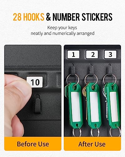 Uniclife 28-Key Steel Key Cabinet With 2 Unlocking Keys Wall Mounted Key Organizer Black Frosted Security Box With Hooks And Large Key Tag Labels Identifiers In 5 Assorted Colors #TOP2