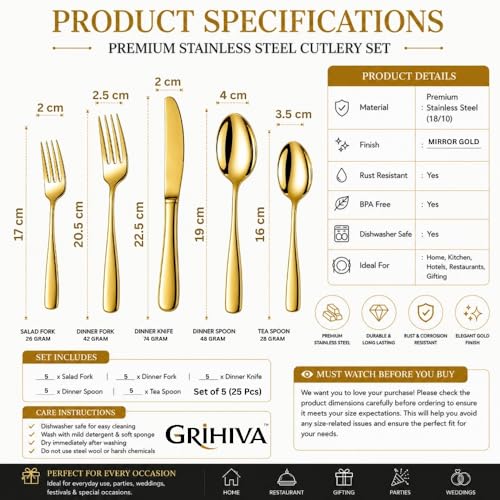 Image of 25 Pcs Gold Cutlery Set for Dining Table the Perfect Mirror Polish Hevy Duty Tableware Including Dinner Spoon, Dinner Fork, Dinner Knife, Dessert Spoon & Dessert Fork