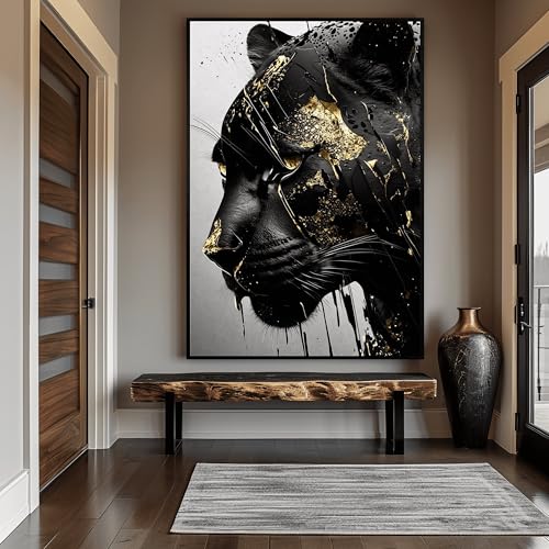 Panthère noire dorée sur toile premium : tableau abstrait de 50x75cm avec cadre en bois
