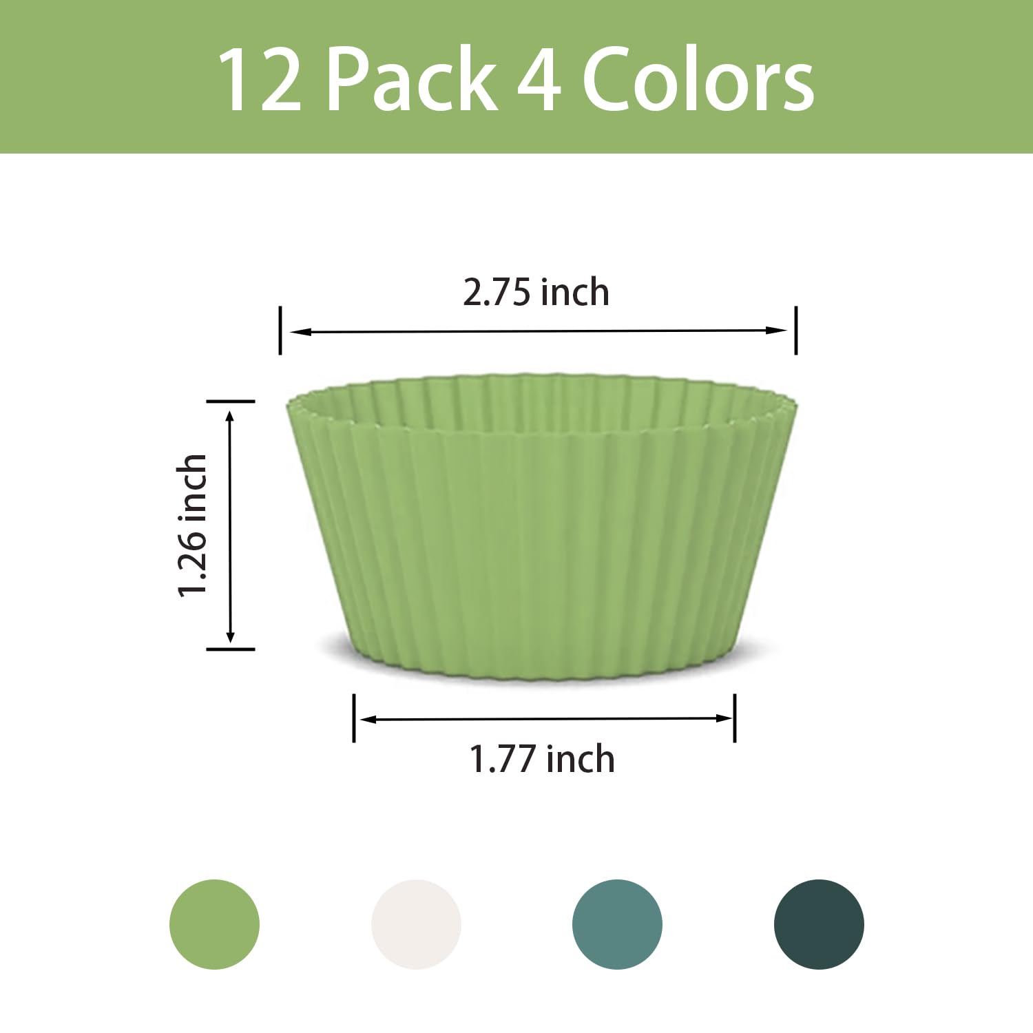 Reusable Silicone Baking Cups Set, Non-stick Muffin Liners Cake Cup Mold, BPA-free, Round 2.75 inch, 12 Pack 4 Colors - Navy, Dusty Blue, Sage Green, Designer White