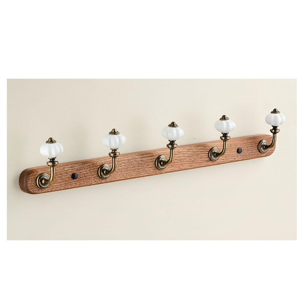 Lmysxaoz White Walnut Solid Wood Coat Rack Wall Mount, Ceramic Pumpkin Shaped Hooks Hanging Rail Clothes Towel Racks For Bathroom Entryway Bedroom Coat, Scarf 5Hook
