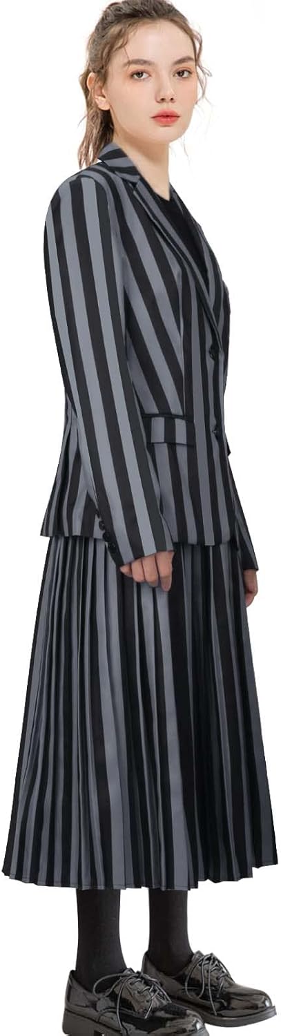 Adult Cosplay Suits Women Girls striped Jacket Coat with Pleated Skirt Academy School Uniform