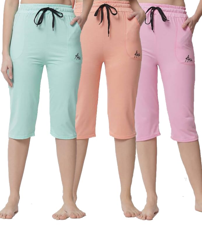 anixa Women's Solid Cotton Blend Capri (Set of 3)-picture-25