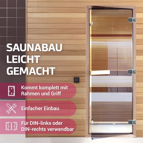 Suleno® Hochwertige Saunatür mit Zarge | Komplettset | 70 x 190 cm | Robuste Konstruktion | Inklusive Holzgriff - Demmelhuber (Kristallklar)