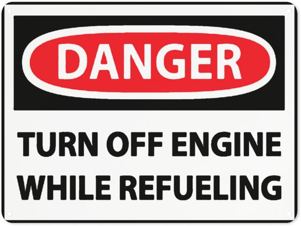 Warning Notice Danger Turn Off Engine While Refueling Rust Free Aluminum Tin Sign - Traffic Safety Decor with Pre-Drilled Holes for Workplace, Gas Station - 12x8 Inch​