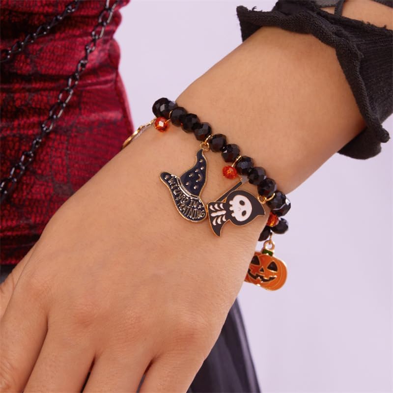 Halloween Enamel Pumpkin Bracelet Crystal Beads Witchy Hat Skull Jewelry Festival Charms for Women Statement Accessories Gifts - Image 3