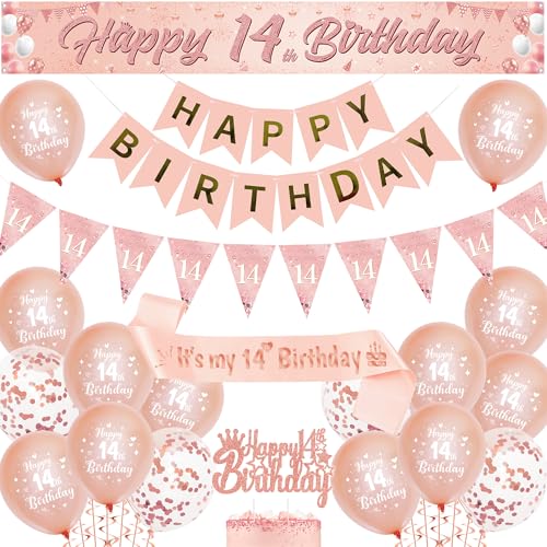 14th Birthday Decorations Banner Girls - Rose Gold Party Balloons Set with Pennant Sash Happy 14 Years Old Birthday Yard Banners and Cake Topper for Official Teenager Party Supplies