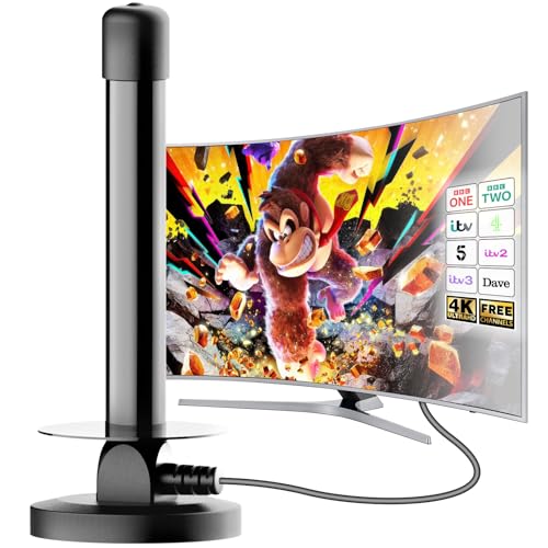 Indoor TV Aerial Freeview Aerial with Signal Booster, Strong Magnetic Base for Easy Installation, Smart TV Aerial for 4K/1080P, Compatible with All TV